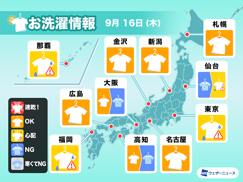 9月16日 木 の洗濯天気予報 西日本と関東 東北南部で外出時は部屋干し推奨 記事詳細 Infoseekニュース