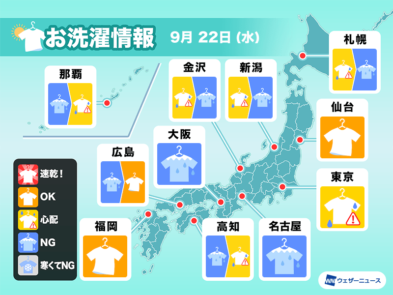 9月22日(水)の洗濯天気予報　外干しは油断禁物