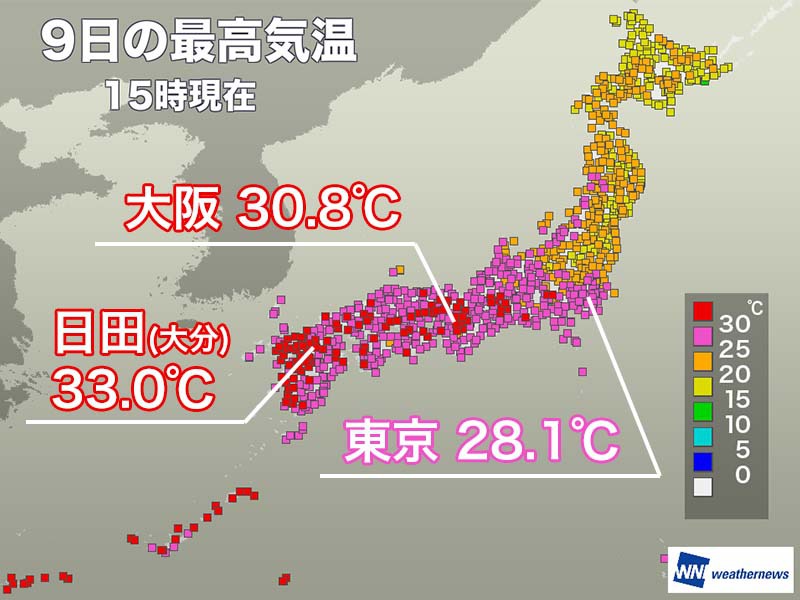 大阪で3日連続の真夏日を観測　九州は特に暑く33℃到達の所も