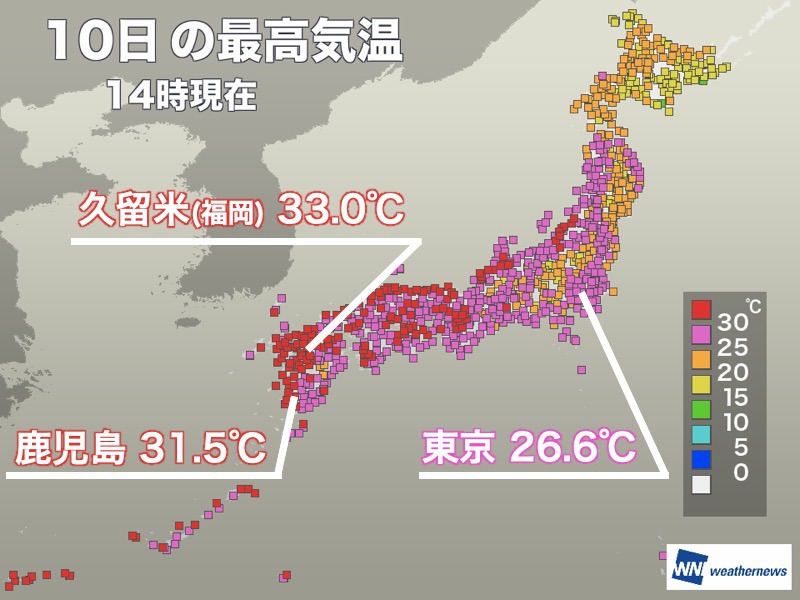 10月10日でも真夏日173地点　次の週末にはようやく季節が前進か