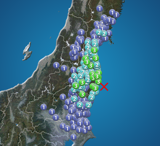 福島県・宮城県で震度3の地震発生