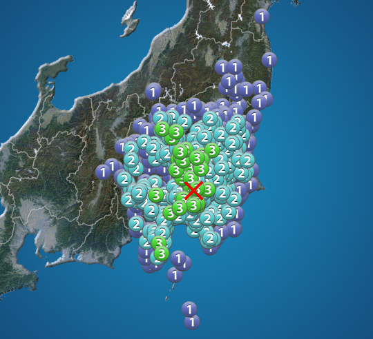 東京都23区で地震　関東・静岡で震度3　津波の心配なし