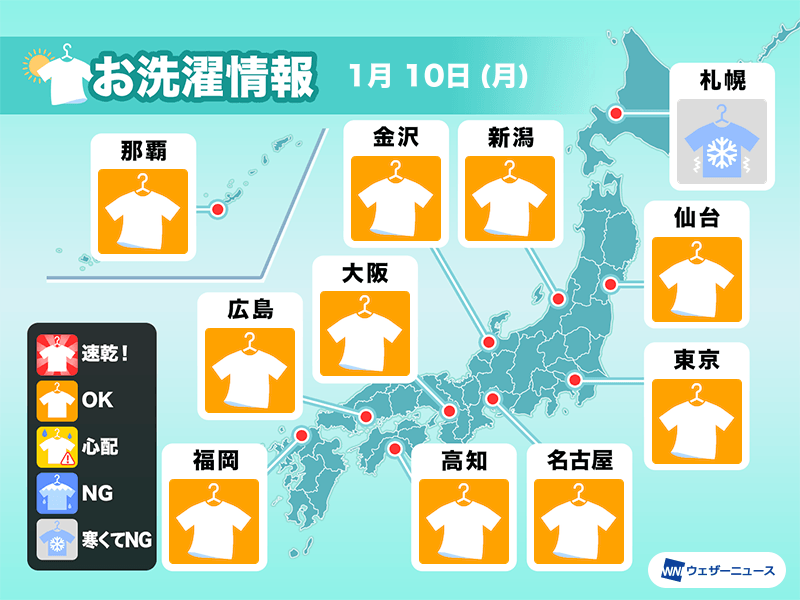 1月10日(月)の洗濯天気予報　広い範囲で洗濯日和