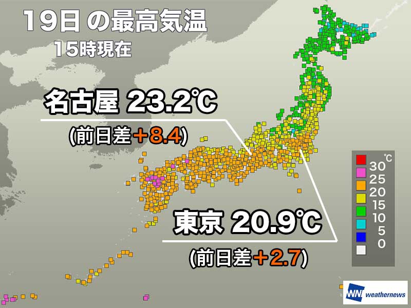 東京や名古屋は20℃を超え暖か　明日は関東で再び気温低下