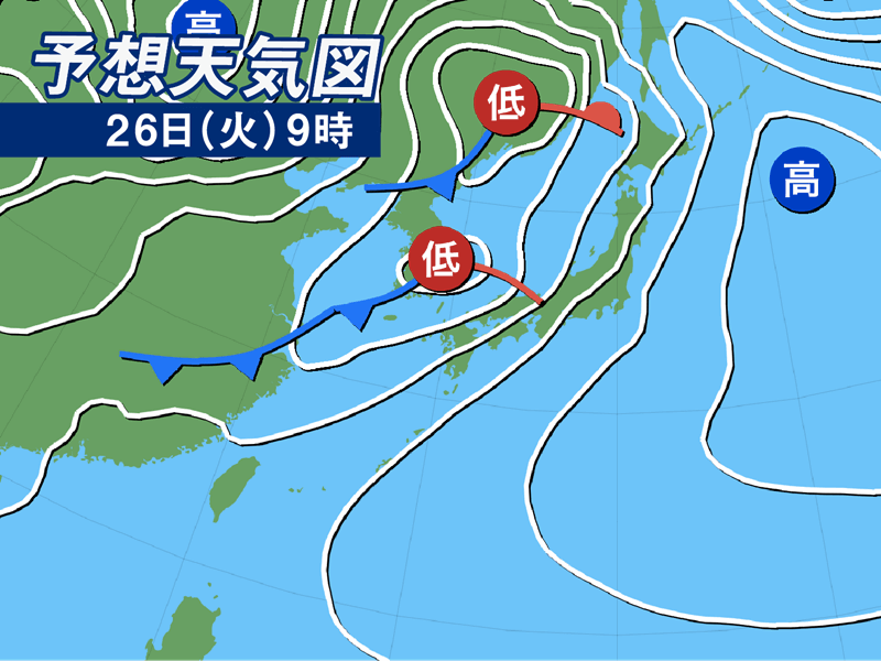 来週26日(火)頃は荒天注意　全国的に雨風が強まるおそれ