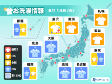 6月14日(火)の洗濯天気予報　西日本〜東日本は雨で外干しには不向きな空
