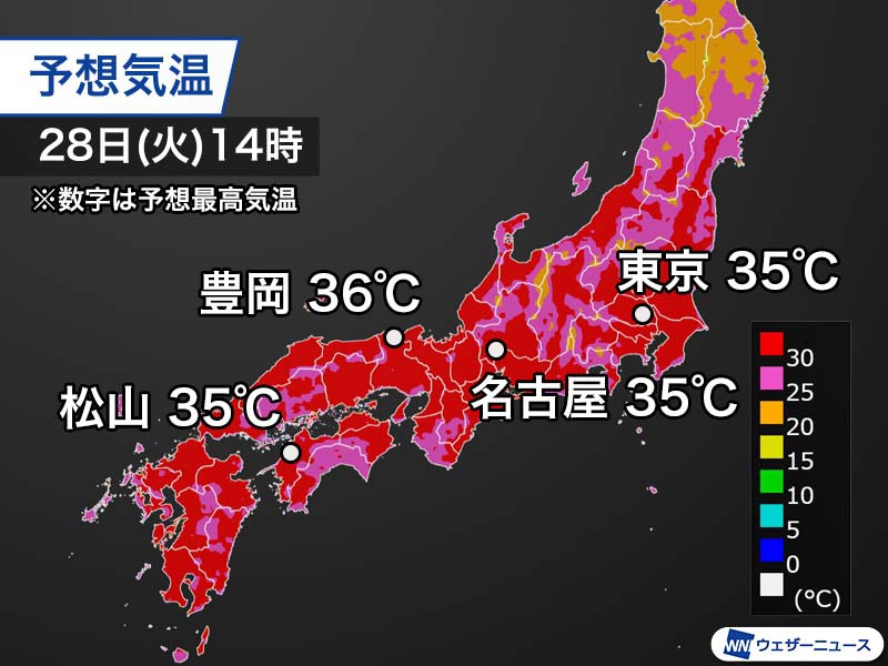 東京都心は明日も35℃予想　西日本でも猛暑日増加