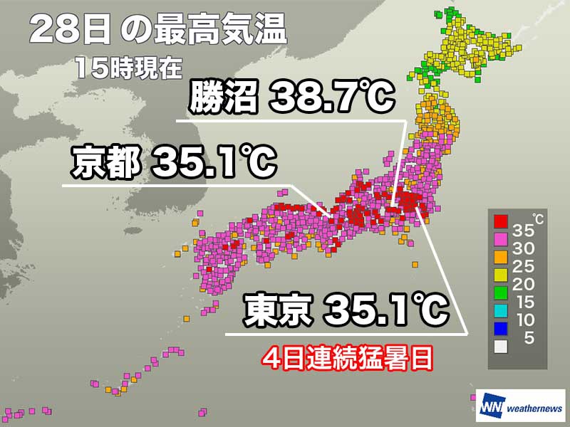 東京、名古屋など100地点近くが猛暑日　明日は40℃予想の所も