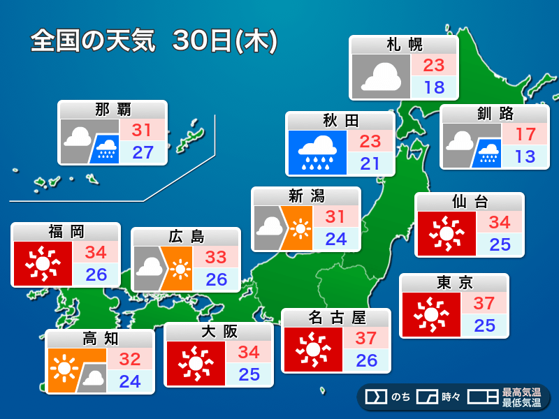 明日6月30日(木)の天気　関東など体温超えの暑さが続く、北日本は曇りや雨