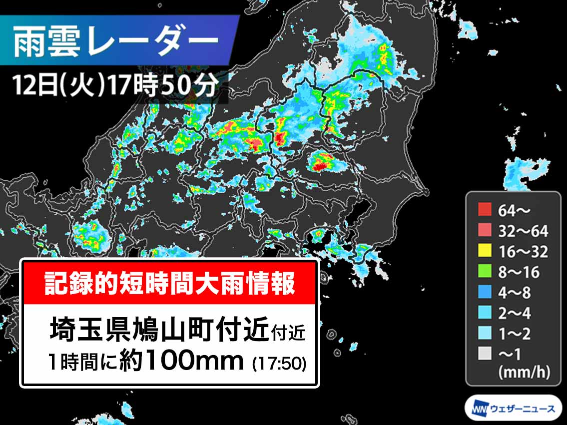 埼玉県で1時間に約100mmの猛烈な雨　記録的短時間大雨情報