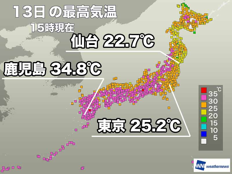 西日本から東海で暑く猛暑日の所も　雨の東京は25℃止まり