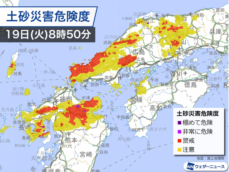 福岡・山口など土砂災害の危険度高まる　大雨による災害発生に要警戒