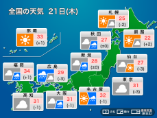 今日7月21日(木)の天気　曇りや雨のところが多く、九州は強雨に注意