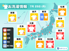 7月25日(月)の洗濯天気予報　関東から近畿は広く晴れて洗濯日和