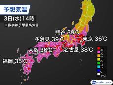 関東以西は明日も体温上回る暑さ　引き続き熱中症に警戒を