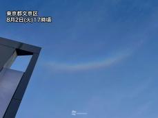 熱気残る都心の夕空に逆さ虹　環天頂アークが出現