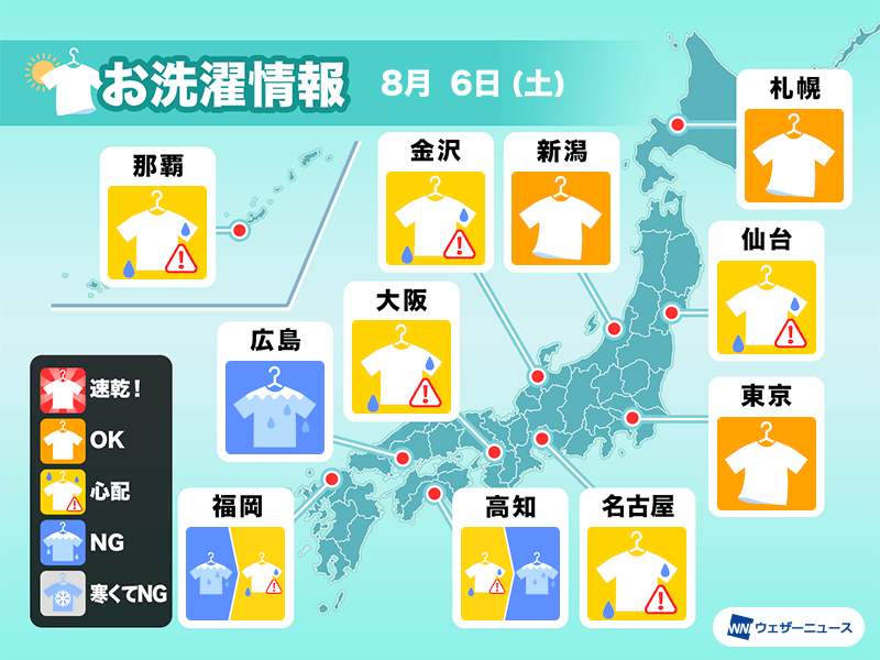 8月6日(土)の洗濯天気予報　外干しは空の変化に要注意