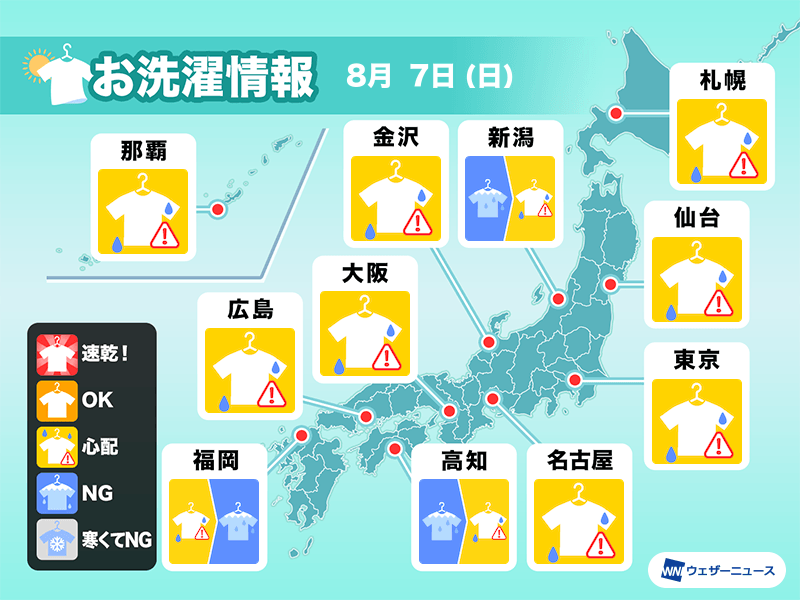 8月7日(日)の洗濯天気予報　外干しは空の変化に注意