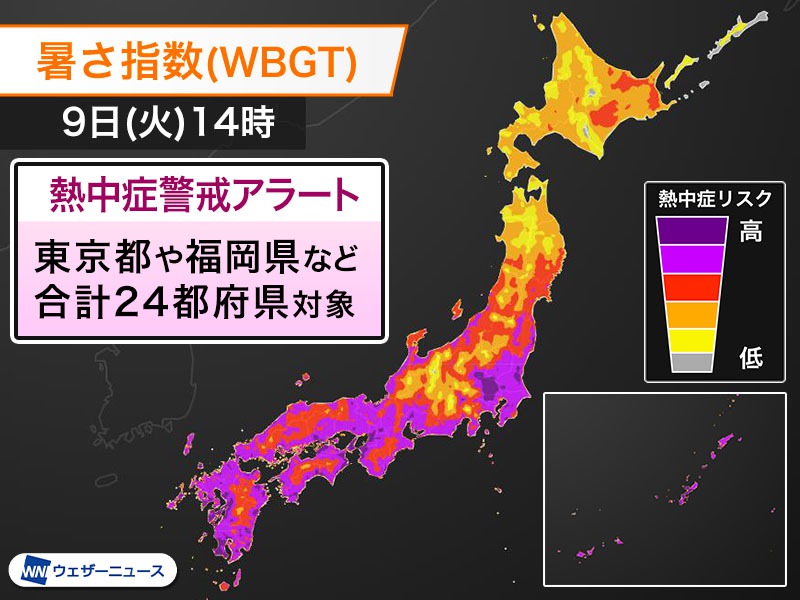 熱中症警戒アラート　東京都など24都府県に発表　明日9日(火)対象