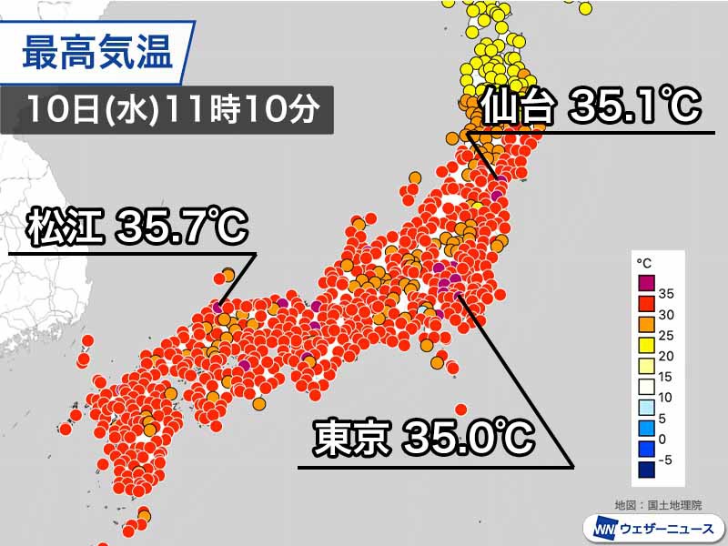 九州から東北南部は猛暑止まらず　東京は今年15日目の猛暑日に