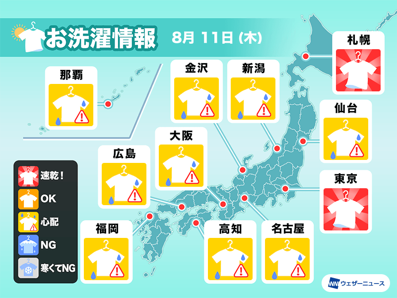 8月11日(木)の洗濯天気予報　西日本や東日本は空の変化に注意しながら