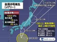 台風8号（メアリー）発生　明日13日(土)に東海・関東に上陸の可能性