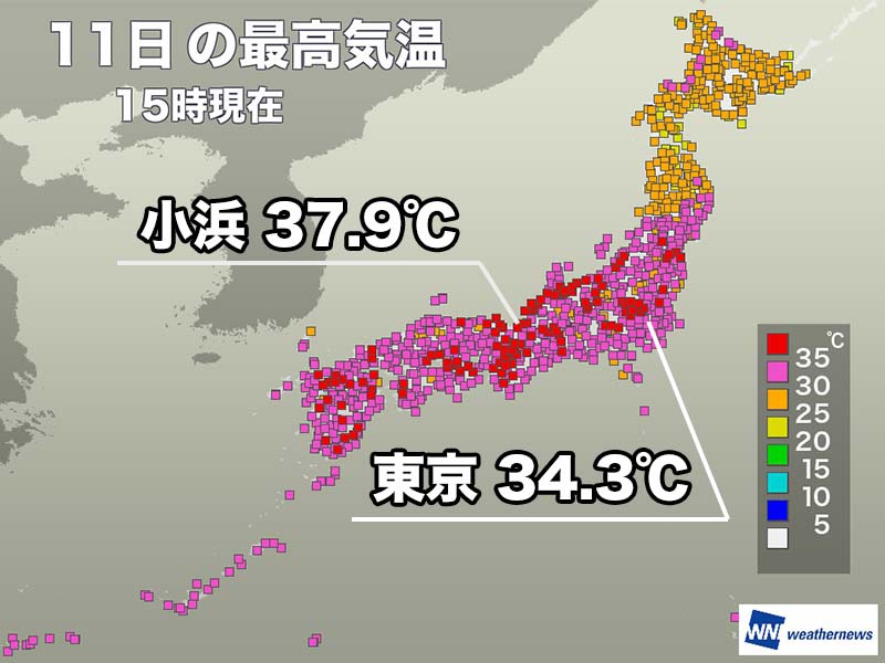 北陸などで37℃超え、100地点以上が猛暑日　明日は関東、東海で気温下がる