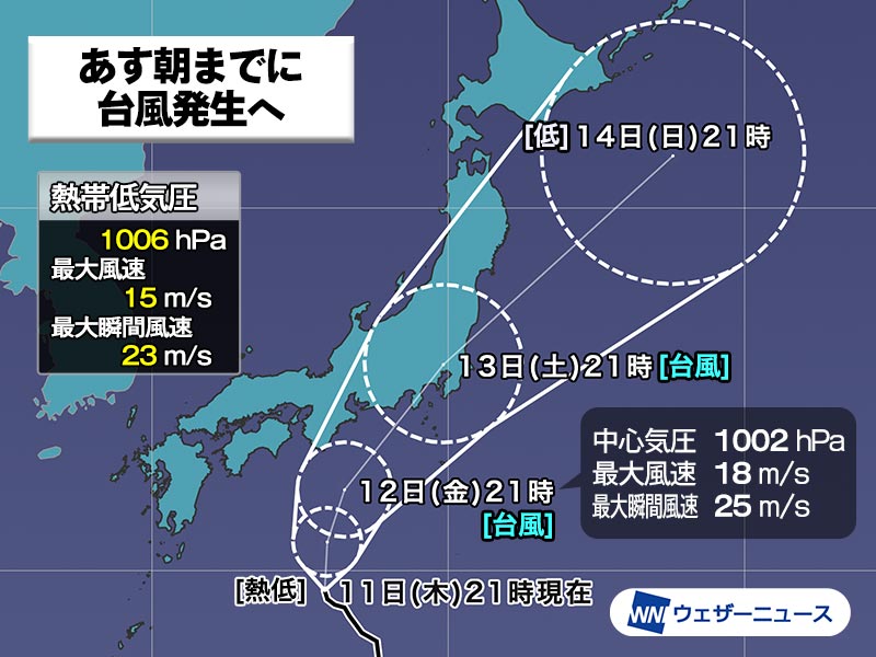 明日朝までに台風発生見込み　13日(土)東海・関東に上陸の可能性