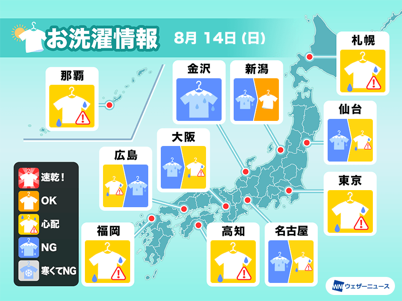 8月14日(日)の洗濯天気予報　乾いたらすぐに取り込みを