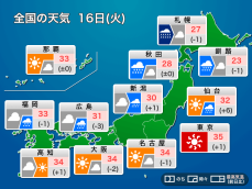 今日8月16日(火)の天気　関東は厳しい残暑、北日本は激しい雨に警戒