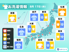 8月17日(水)の洗濯天気予報　西日本や東日本は部屋干しに