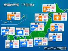 明日8月17日(水)の天気　西日本、東日本は広い範囲で雨　日本海側は激しく降る所も