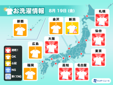 8月19日(金)の洗濯天気予報　関東など広く絶好の洗濯日和