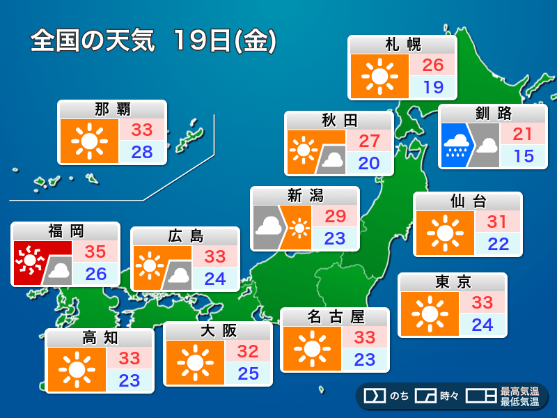 明日8月19日(金)の天気　関東など広い範囲で穏やかな晴天　九州は強雨に注意