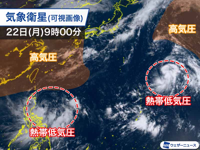 日本の南に2つの熱帯低気圧　どちらも台風まで発達予想