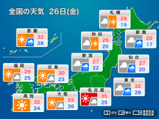 明日8月26日(金)の天気　関東と東北は曇りや雨　西日本は残暑が続く