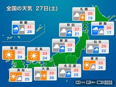 明日8月27日(土)の天気　北日本や東日本は強雨に注意　各地ムシムシ体感
