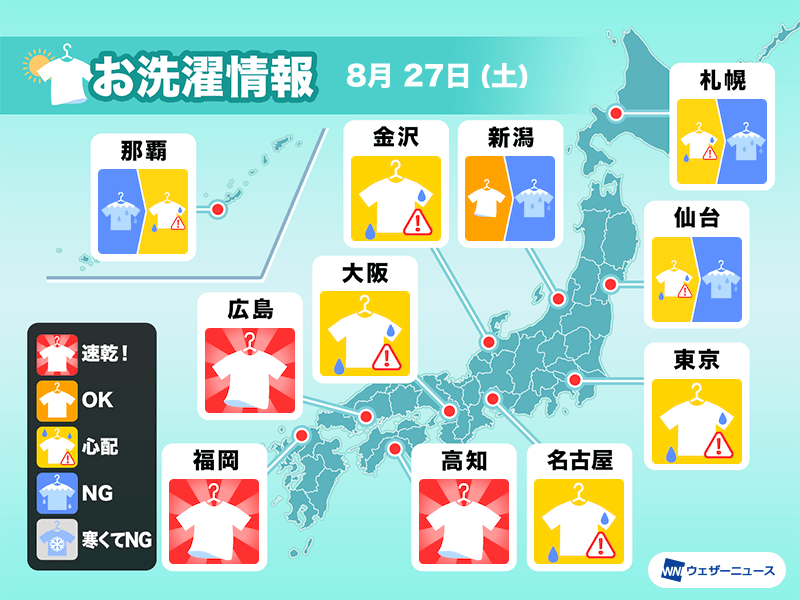 8月27日(土)の洗濯天気予報　関東など広く干しっぱなしNG