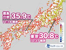 関東から西は気温上昇で猛暑日の所も　8月最終日は不快な蒸し暑さ