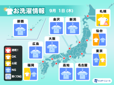 9月1日(木)の洗濯天気予報　広範囲で外干しNG、関東は空の変化に注意