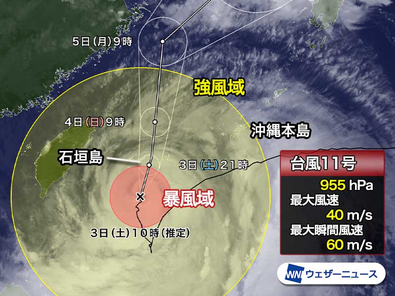 大型台風11号北上し沖縄全域が強風域　今夜、先島諸島を直撃