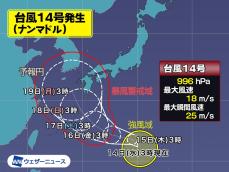 台風14号（ナンマドル）発生　三連休に西日本など接近のおそれ　警戒を