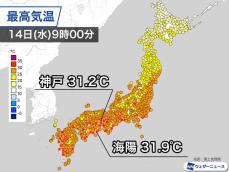 西日本中心に厳しい残暑　大阪など35℃以上の猛暑日予想