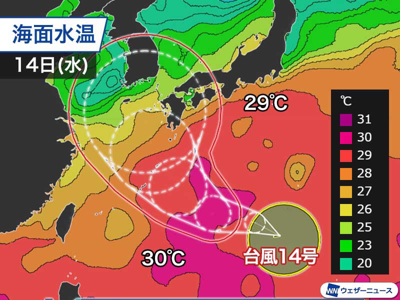 台風14号は発達しながら北上　海面水温の高い領域を進む