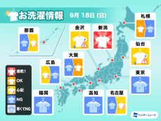9月18日(日)の洗濯天気予報　西日本や東日本は部屋干しに