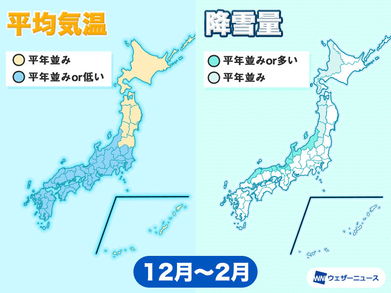 今冬の気温は平年並みか低め　日本海側は雪の多い傾向か(寒候期予報)