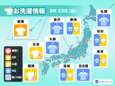9月23日(金)の洗濯天気予報　近畿から北海道は部屋干しに