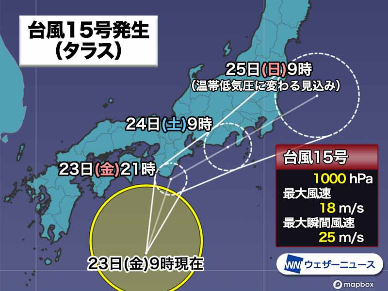 台風15号（タラス）発生　明日にかけ近畿～関東に接近・上陸おそれ