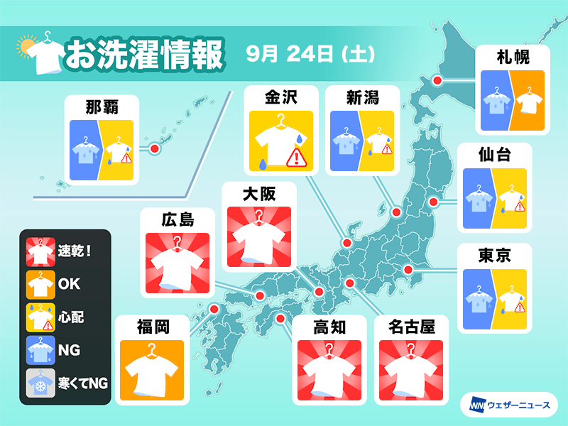9月24日(土)の洗濯天気予報　関東や北日本は部屋干しに