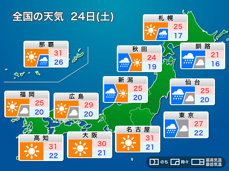今日24日(土)の天気　関東から北日本で強雨注意　西日本は日差し届く